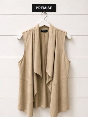 PREMISE beige faux leather sleeveless open front cardigan size S